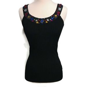 Cache Tank Top Jeweled Beaded Embellish Black S
